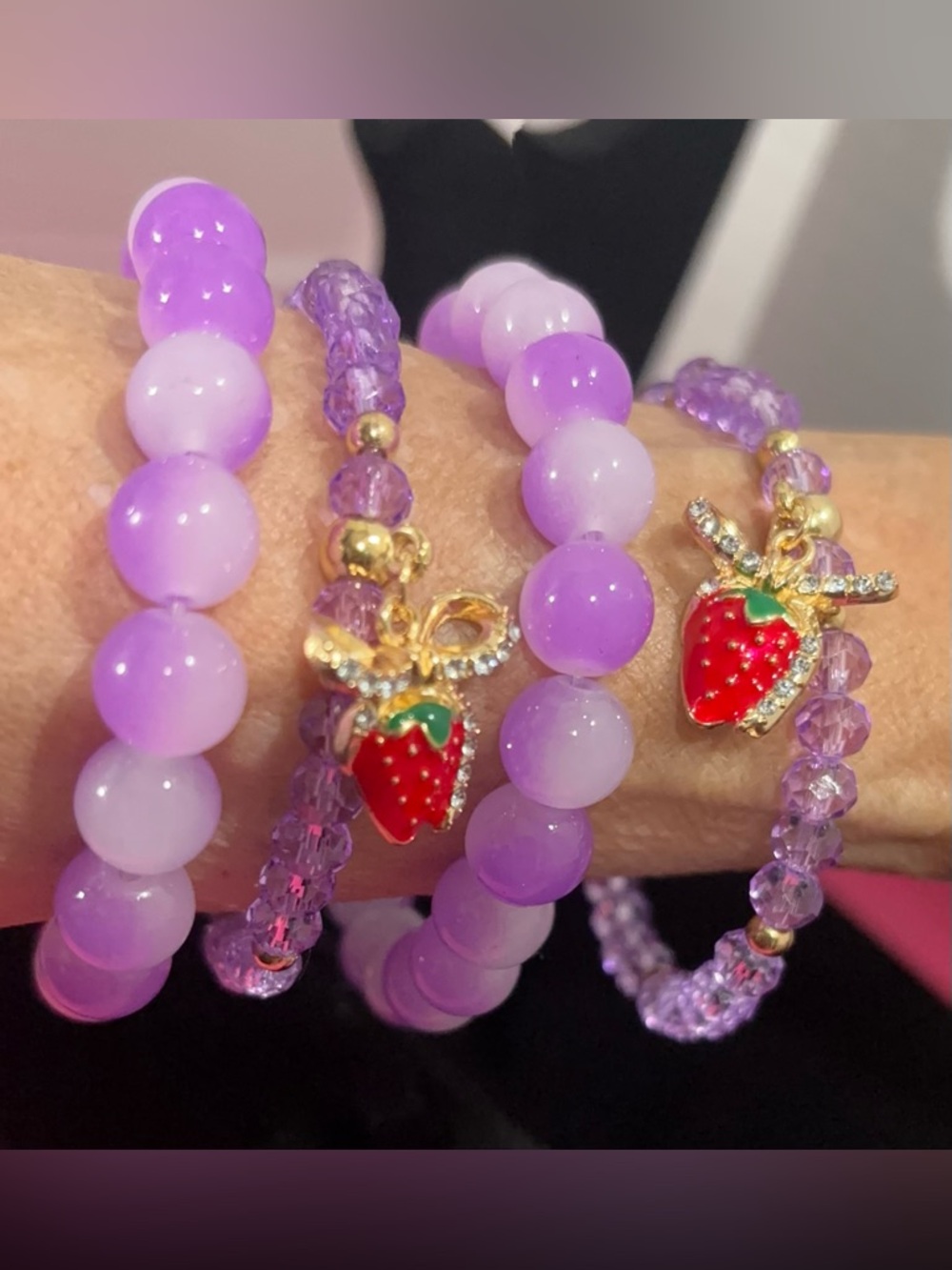 Purple Beaded Bracelet Set with Strawberry Charm - Women Jewelry